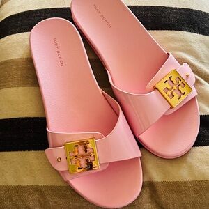 Tory Burch Light Pink Slide Sandals with Gold Accent